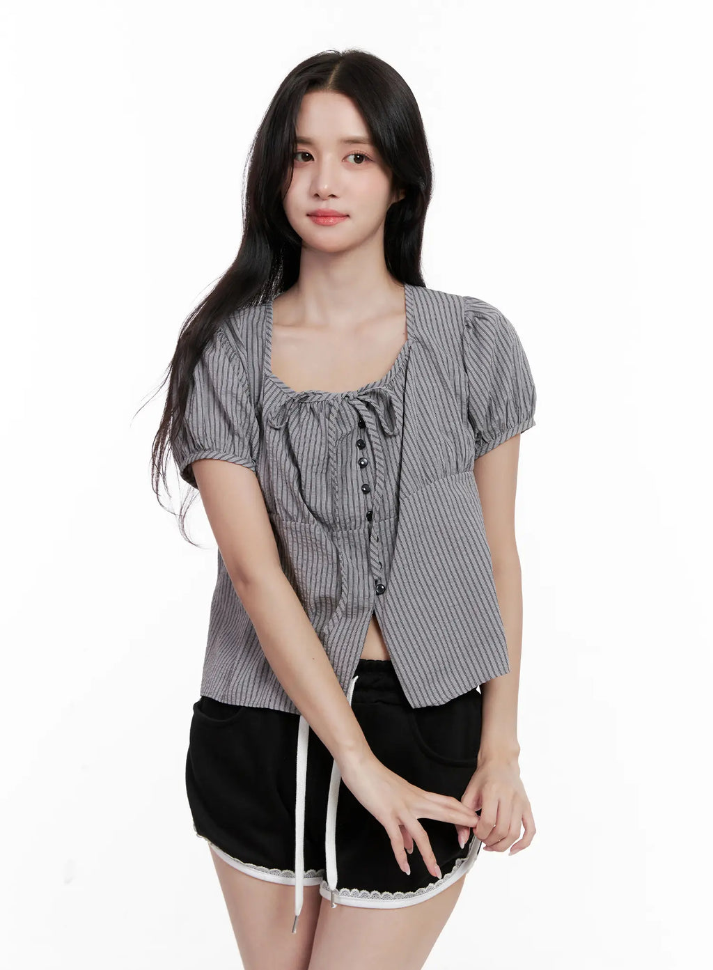 Striped Puff-Sleeve Ribbon Top CL516