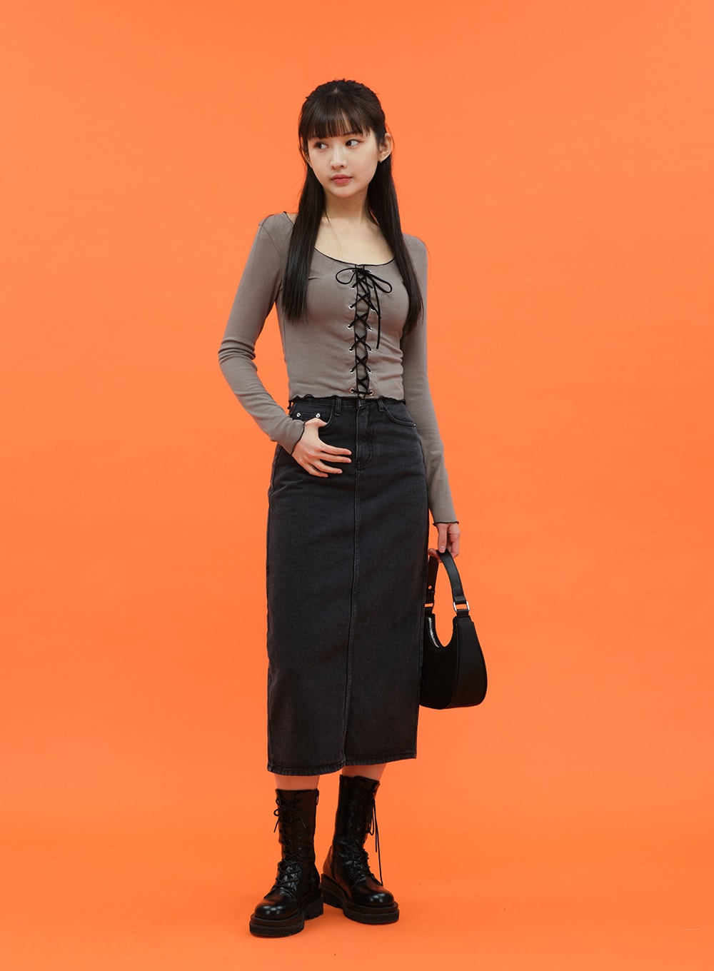 Cropped Long Sleeve Top with Front Lace Detail C1703