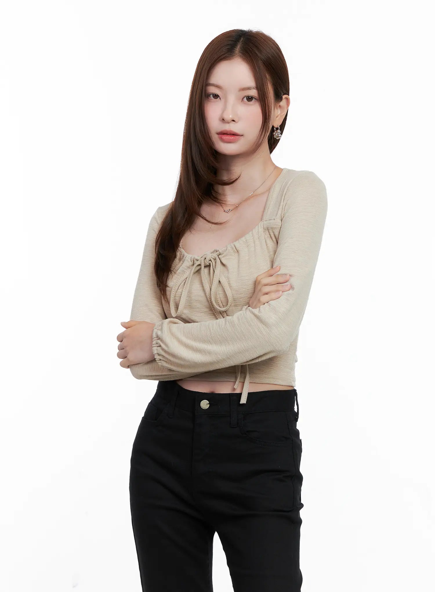 Long Sleeve Shirred Ribbon Crop Top CG521