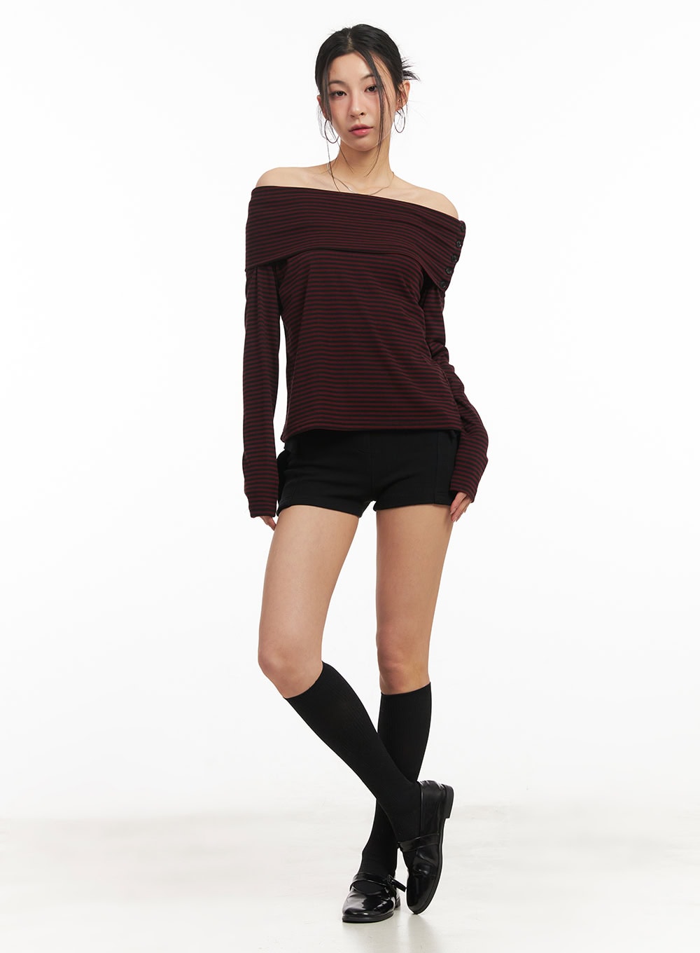 Striped Long-Sleeve Off-Shoulder Top CM503