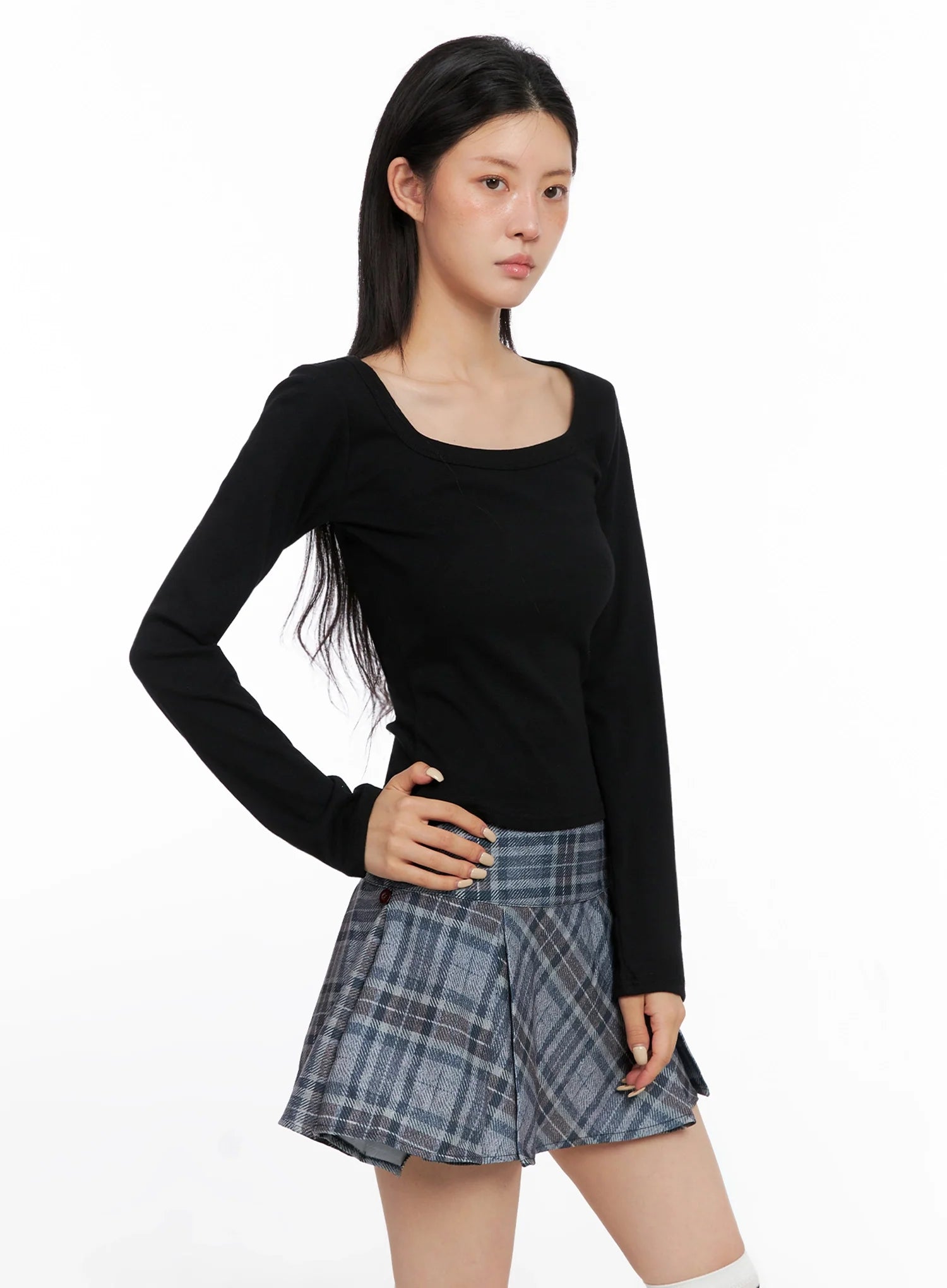 Wide Neck Fitted Long Sleeve Top IS508