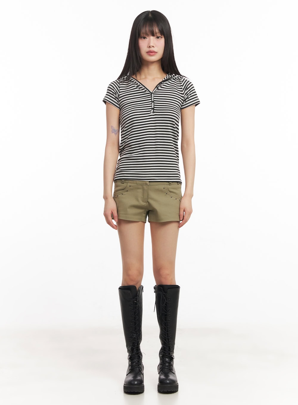 Buttoned Striped Hooded T-Shirt CA523