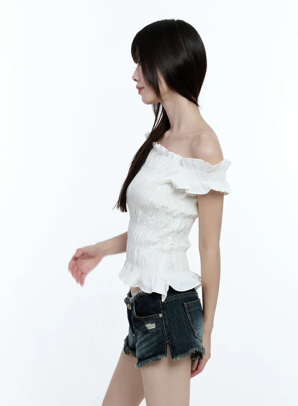 Asymmetric Shirred Off-Shoulder Top CG507