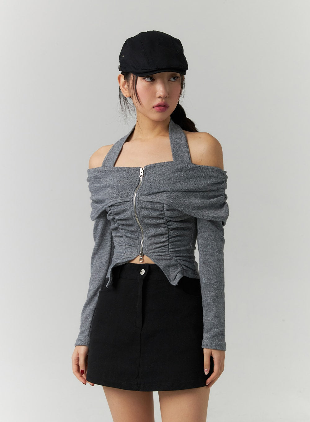 Shirred Off-Shoulder Zip-Up Crop Top CD307