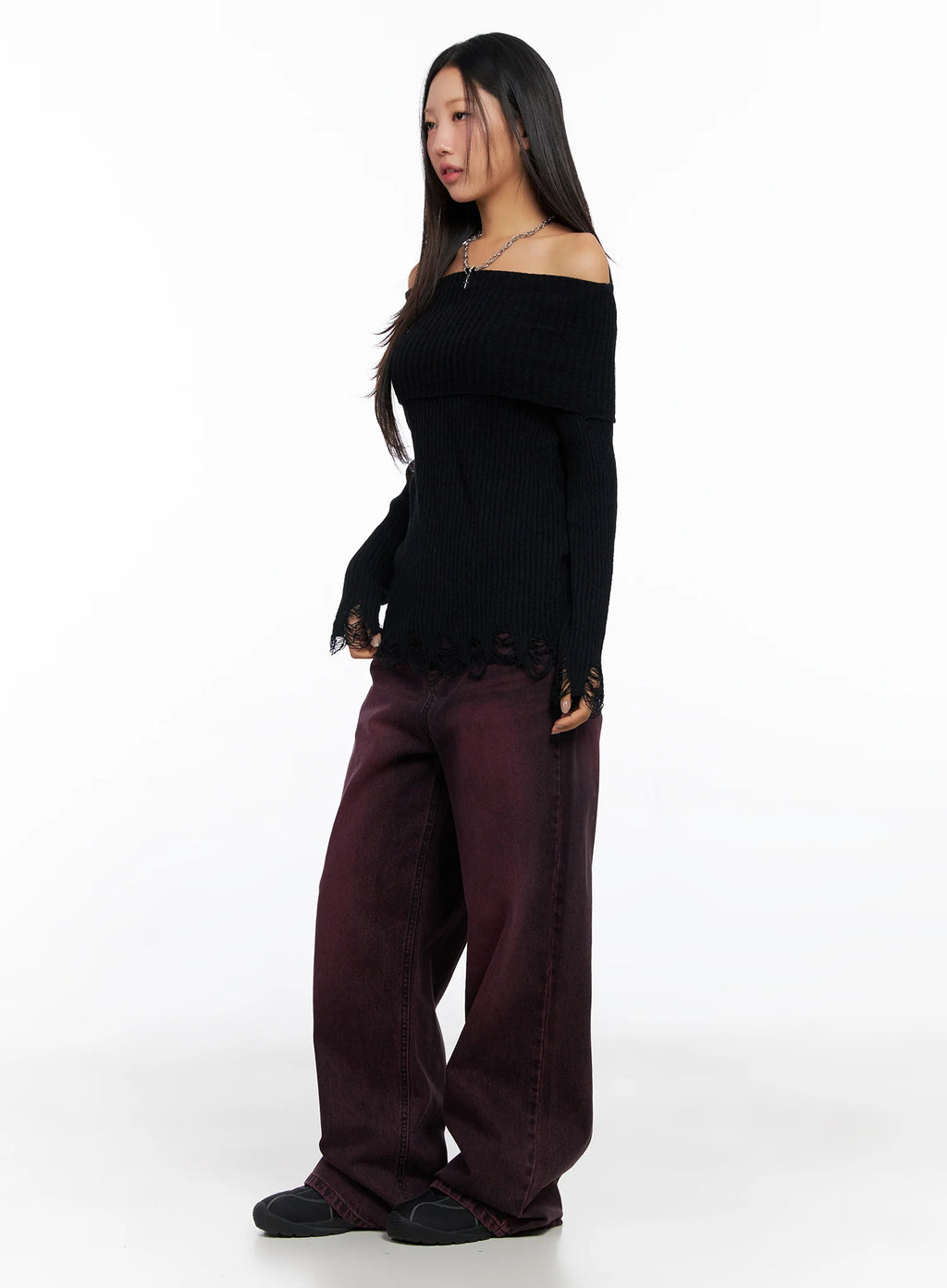 Off-Shoulder Distressed Knit Top CO514