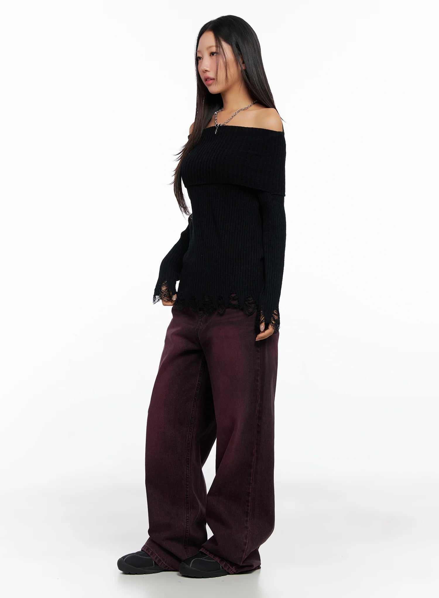 Off-Shoulder Distressed Knit Top CO514