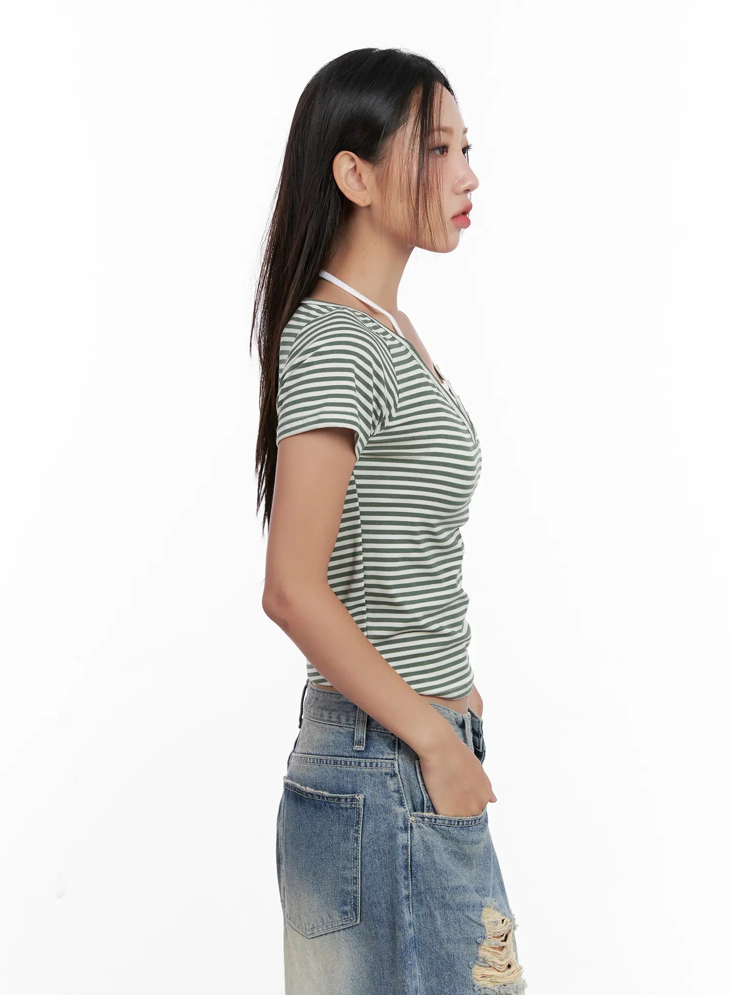 Contrast Stripe Layered Halter Tee CL518