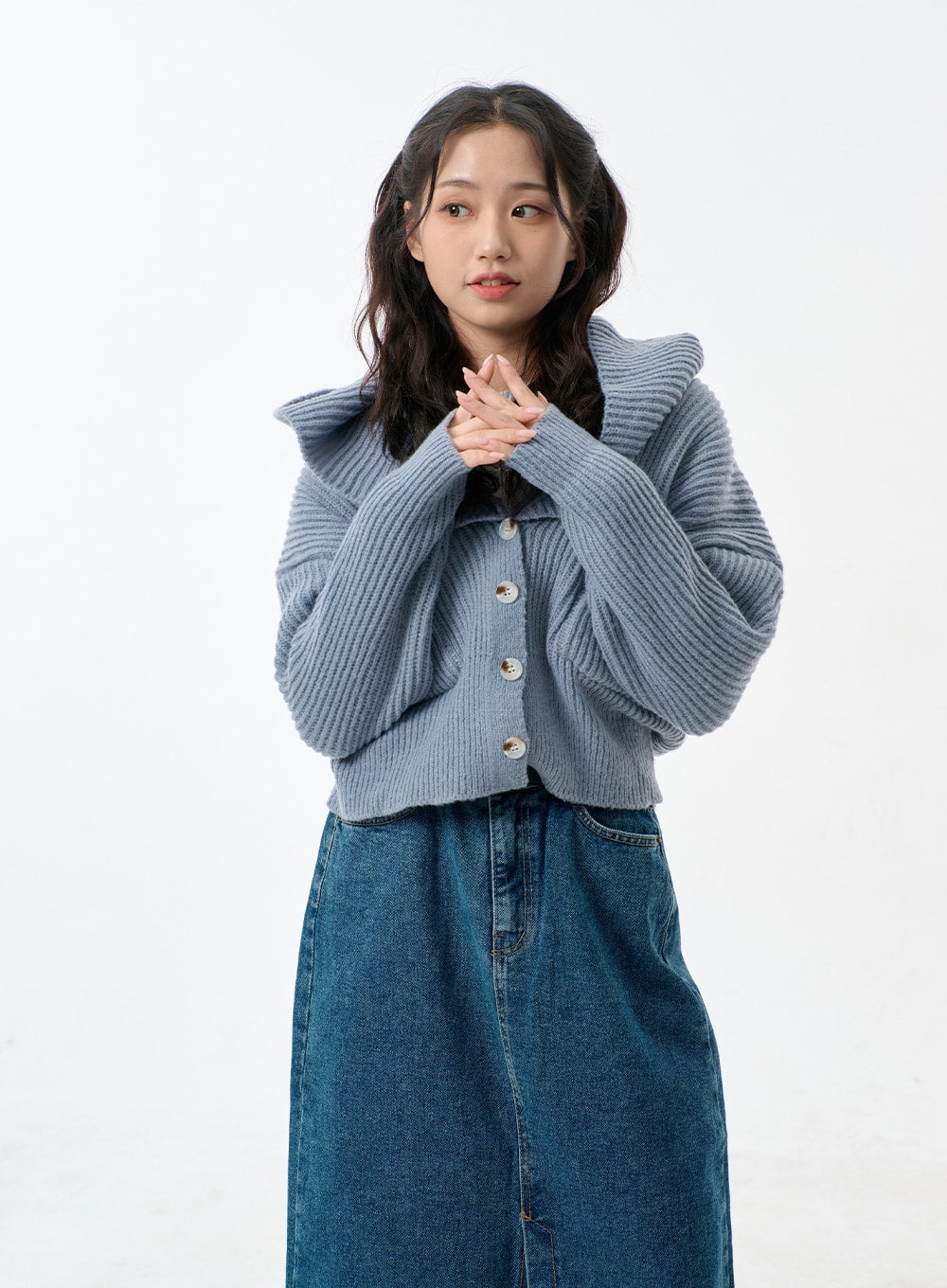 Mid-Wash Front Slit Denim Maxi Skirt BJ327