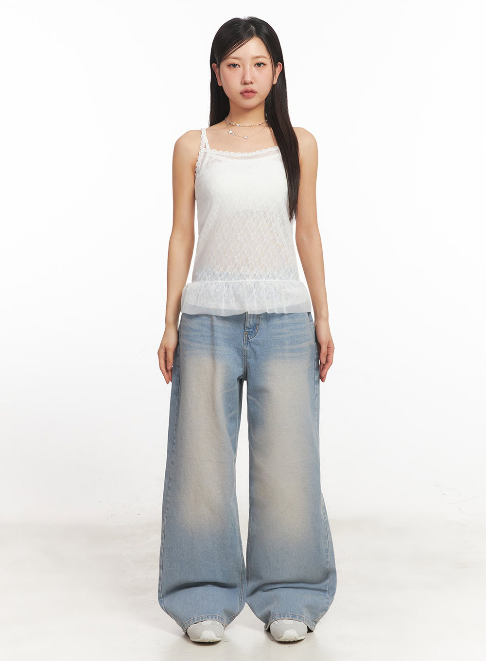 Sheer Frill-Trim Lace Cami Top IA524