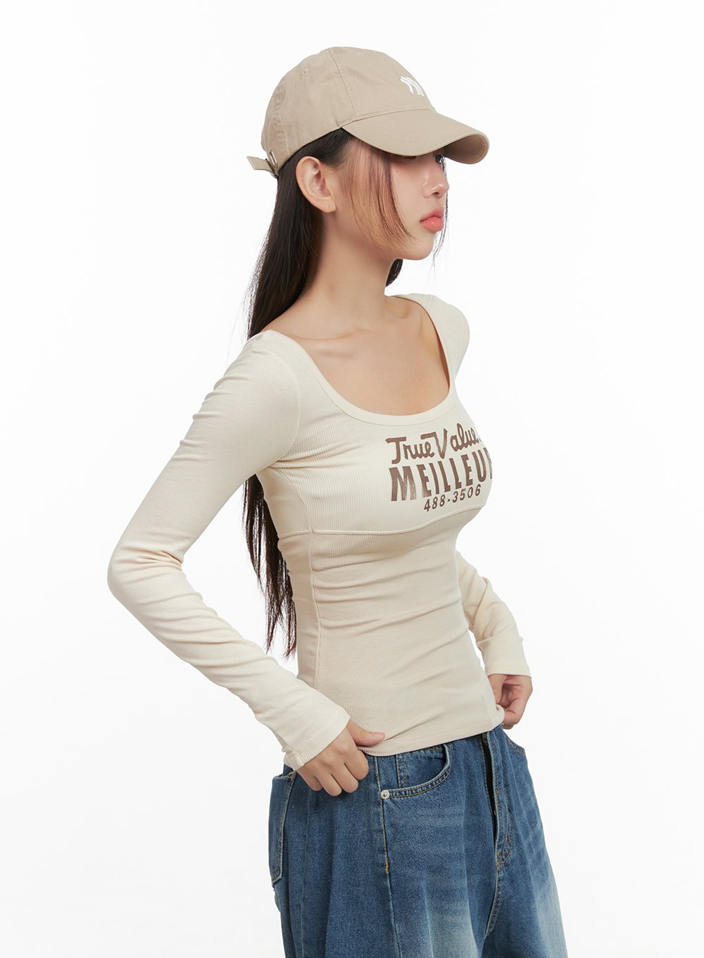 Mixed Color U-Neck Letter Print Slim Tee CO404