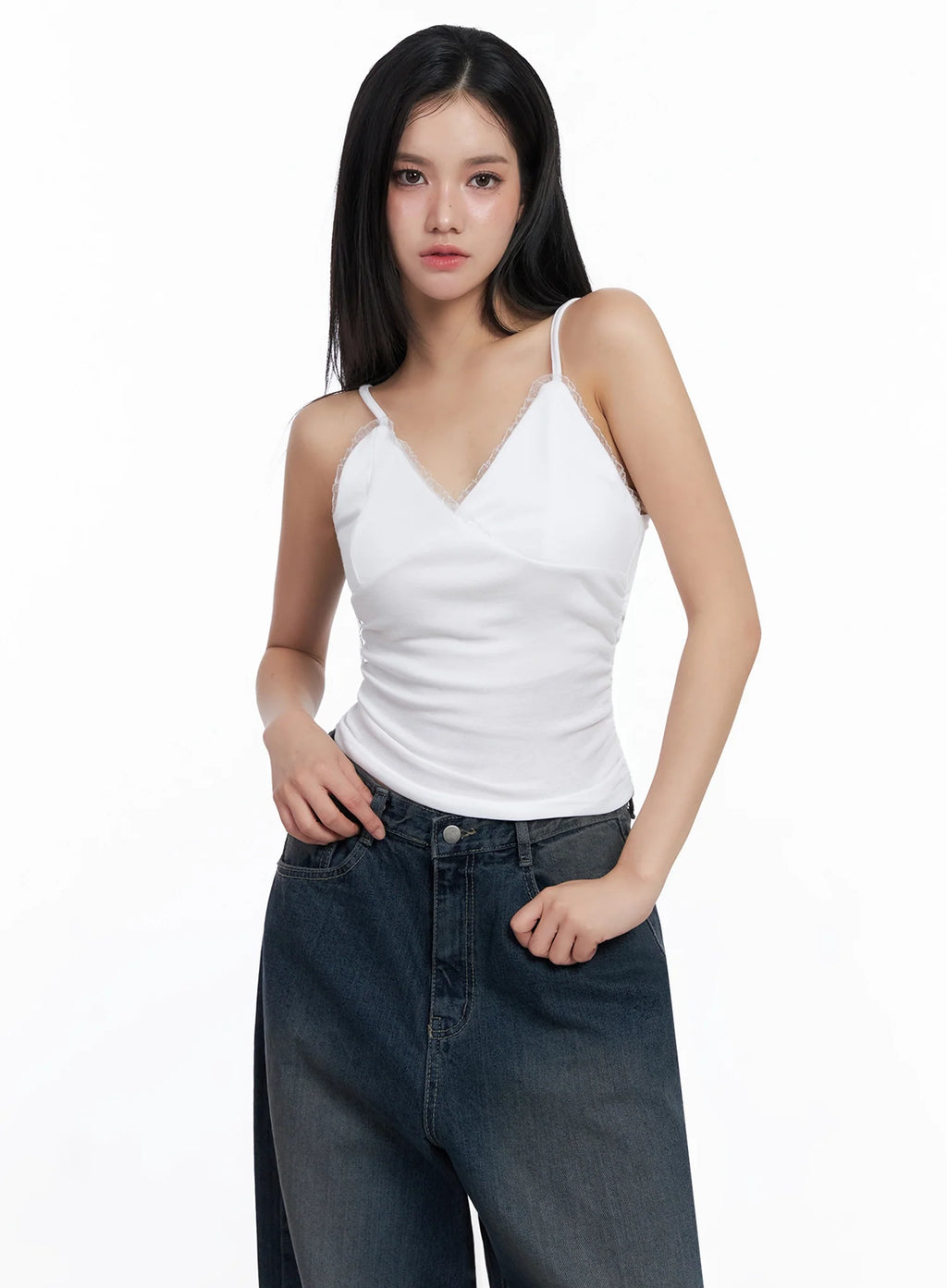 Sleeveless Ruched Lace Cami IS525