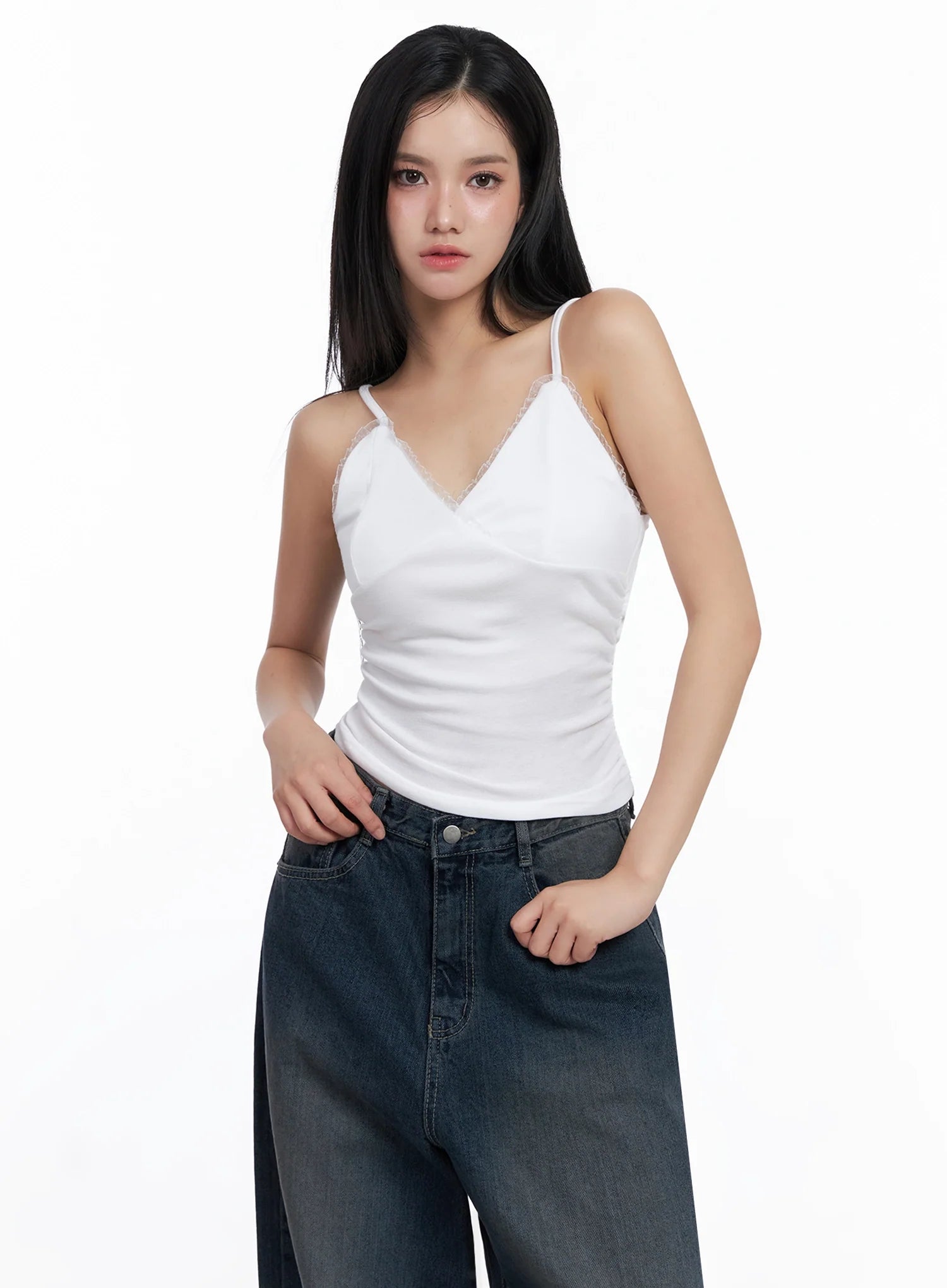 Sleeveless Ruched Lace Cami IS525