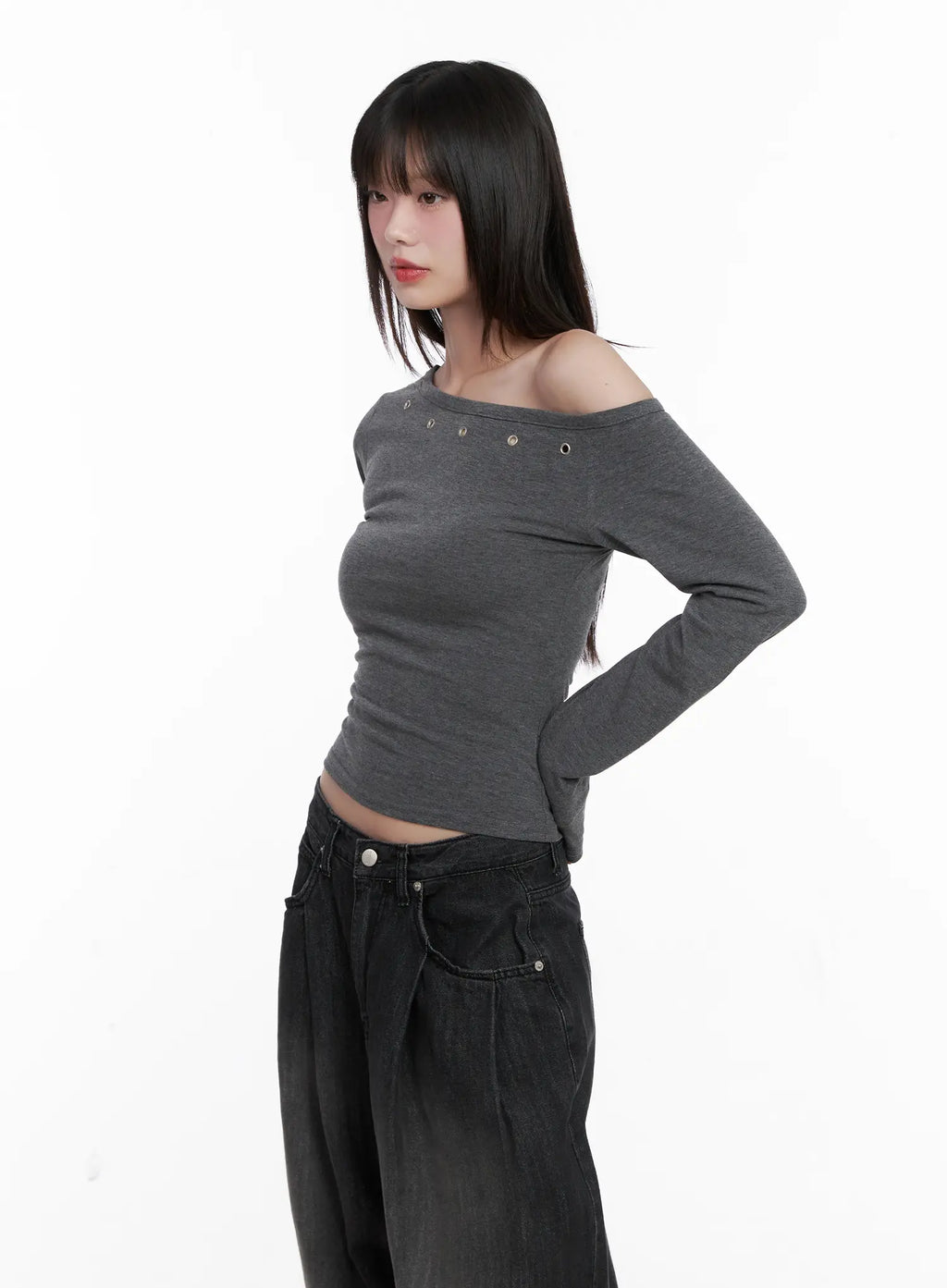 Asymmetrical Eyelet Long Sleeve Top CG519