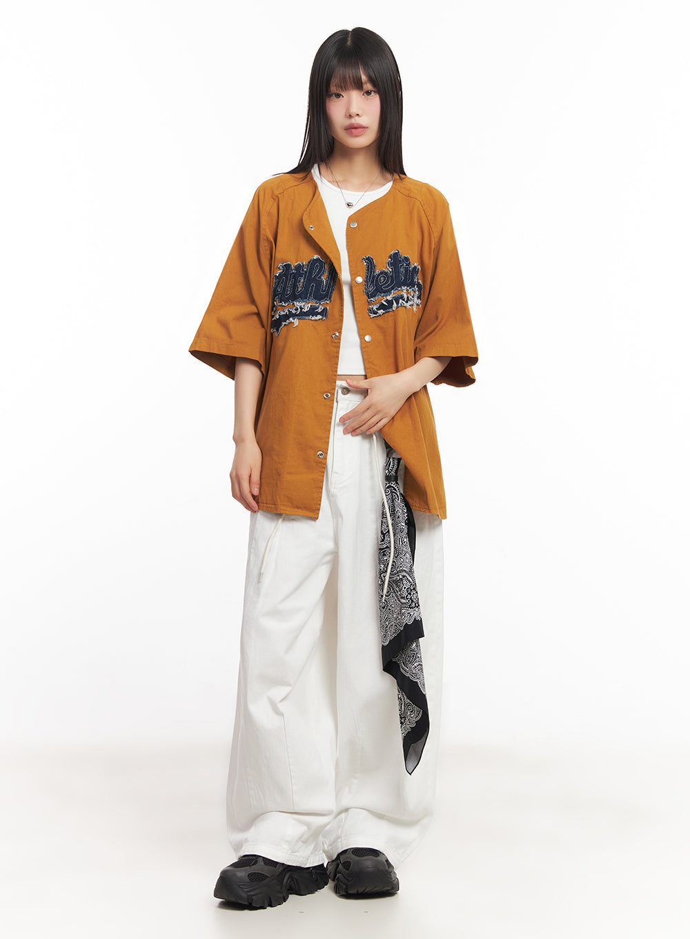 Oversized Patchwork Button-Up Shirt IA528