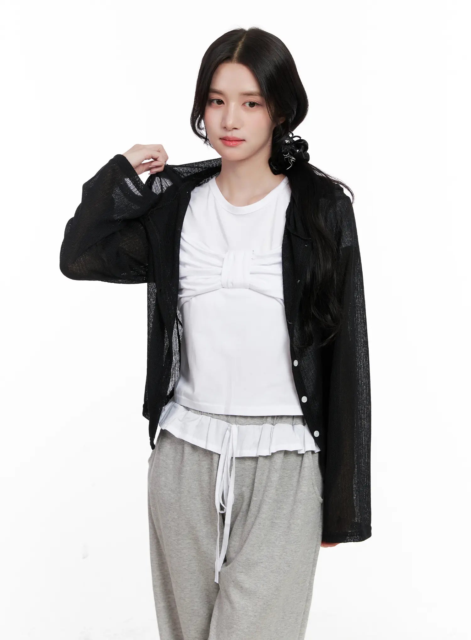 Sheer Button-Up Long Sleeve Zip-Up CL516