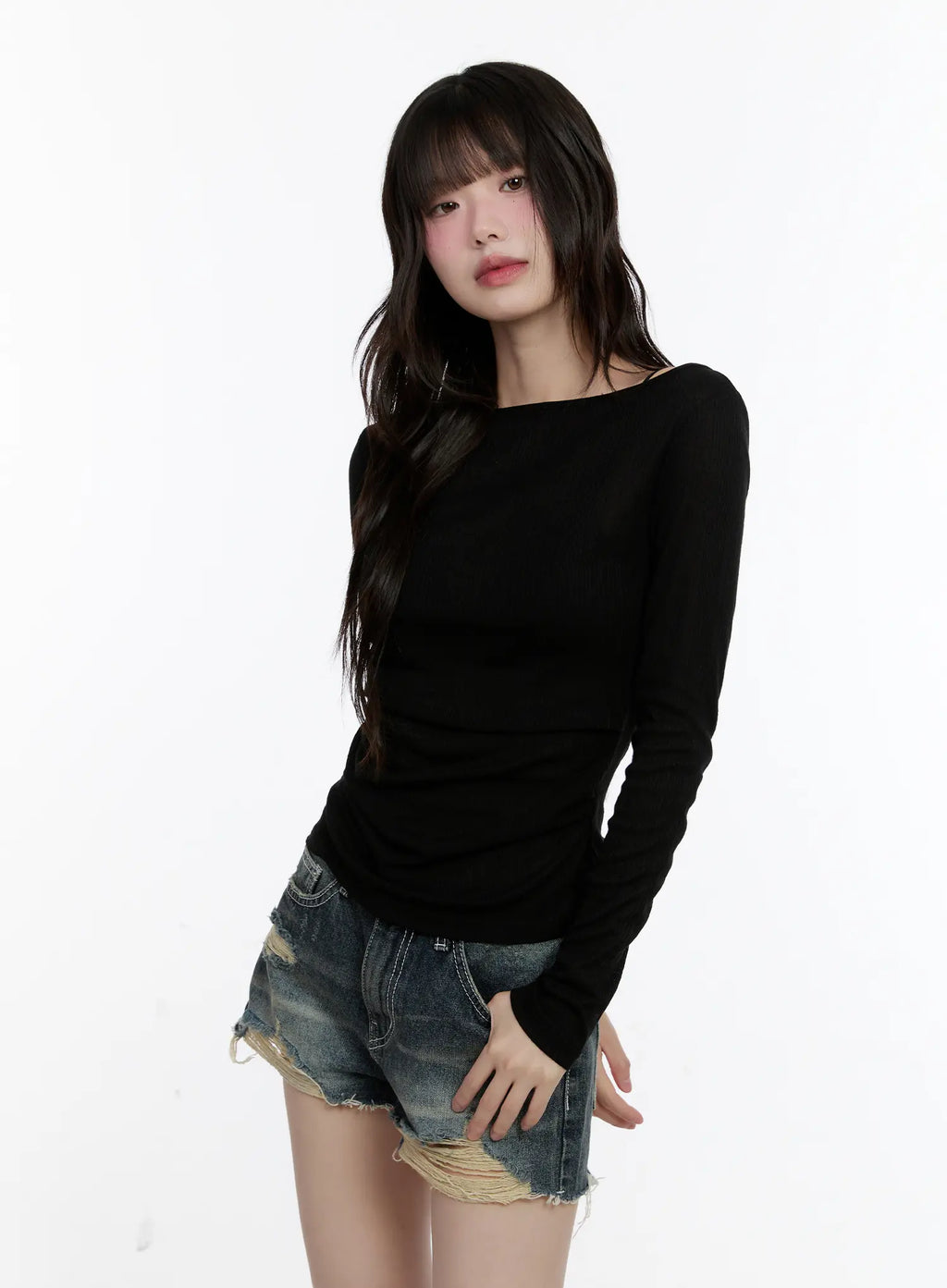 Boat-Neck Sheer Long-Sleeve Top CL507