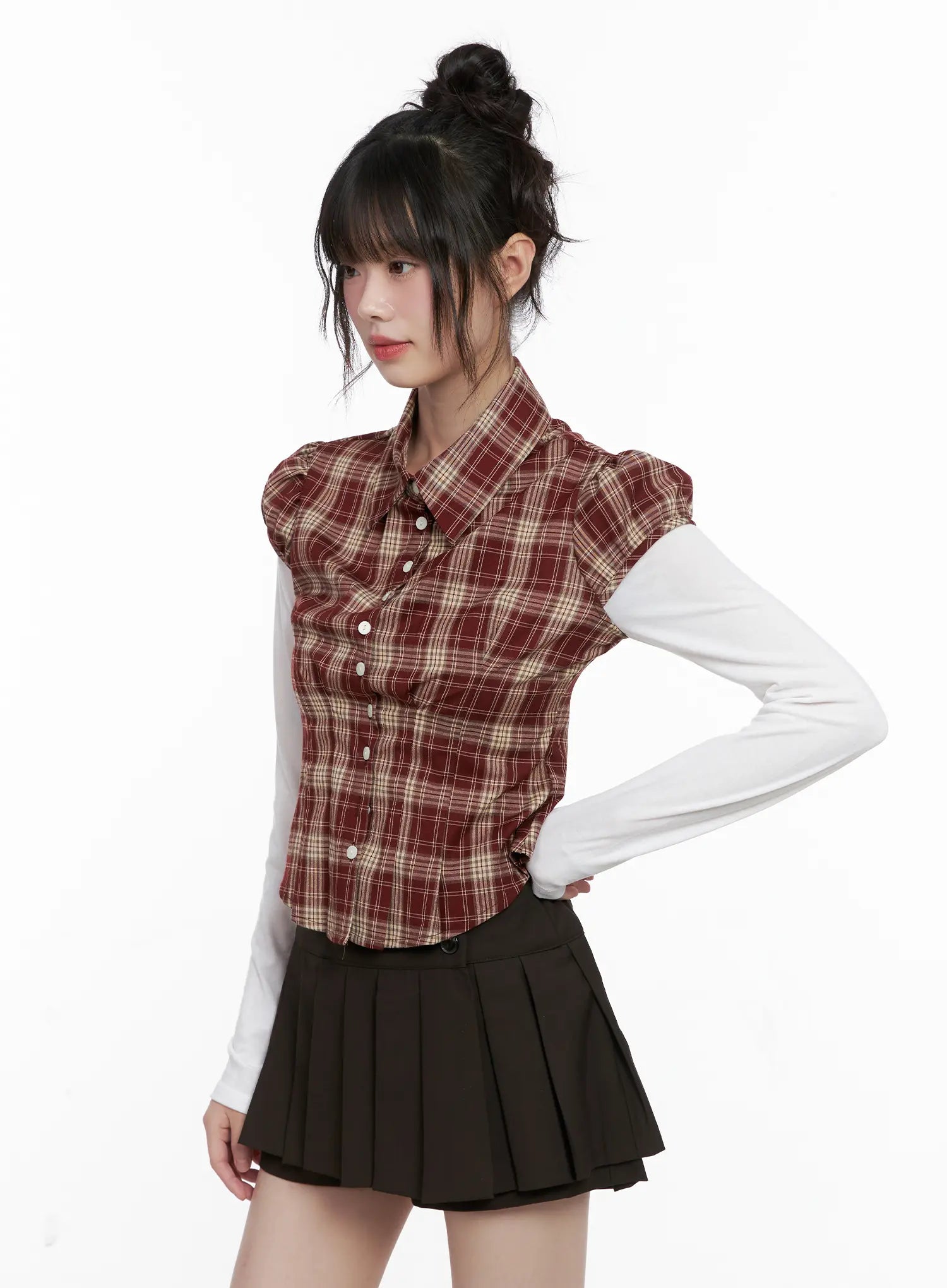 Plaid Puff Sleeve Top CG519