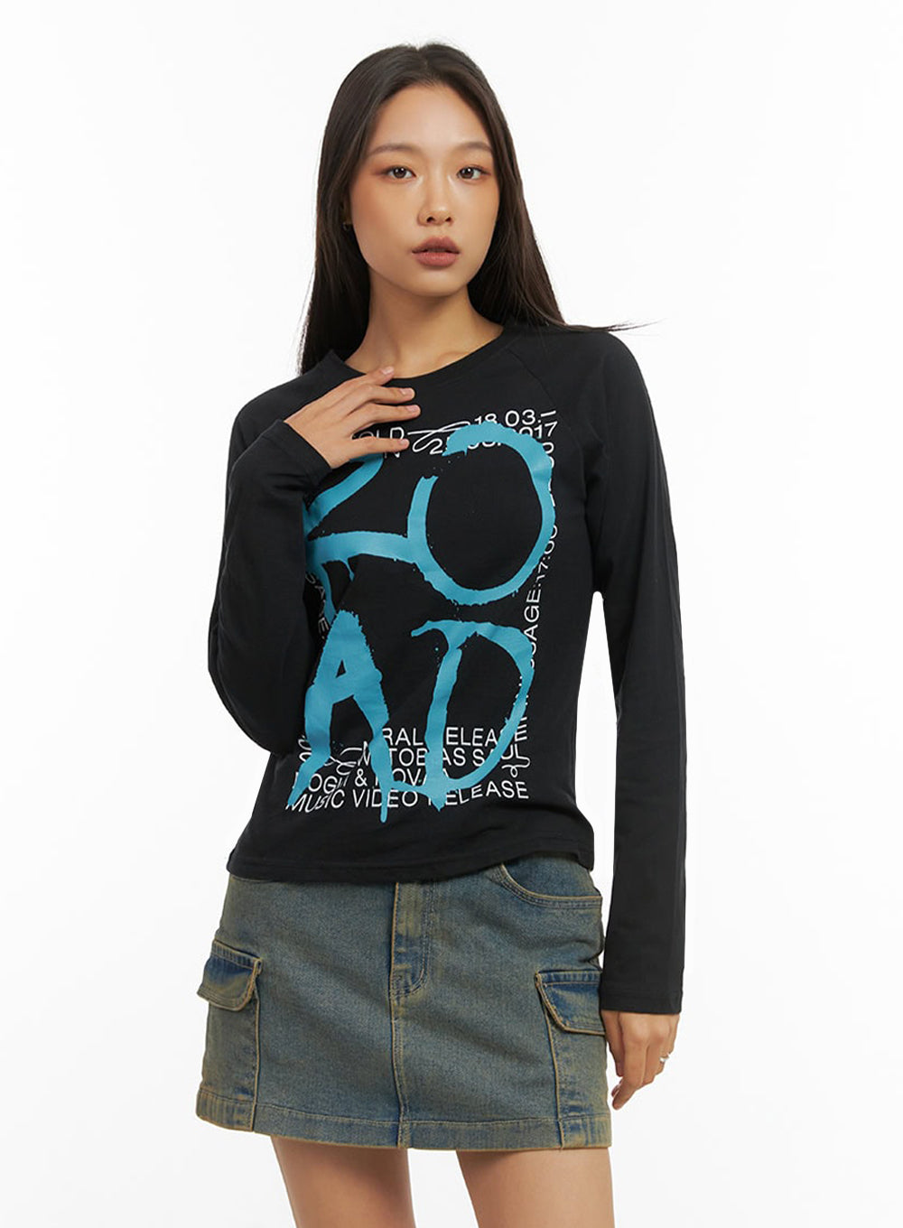 Cotton Graphic Round Neck Long Sleeve Top IO409