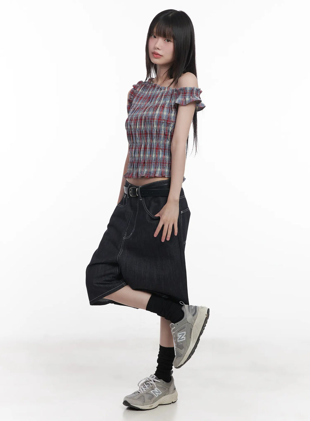 Plaid Frill One-Shoulder Crop Top CU519