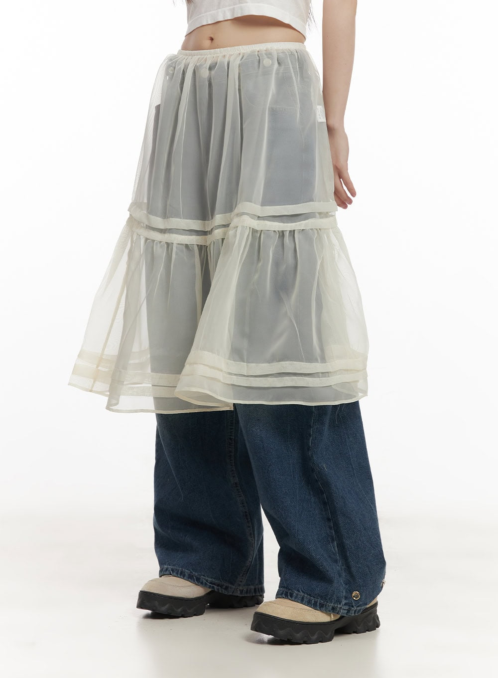 Sheer Tiered Ruffle Midi Skirt CF518