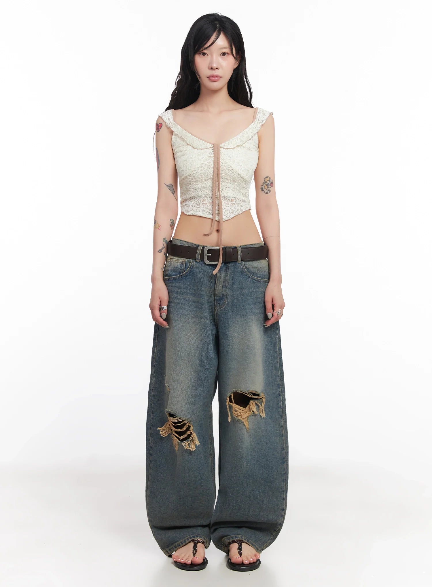 Jeemin Vintage Distressed Wide-Leg Denim Jeans  IC503