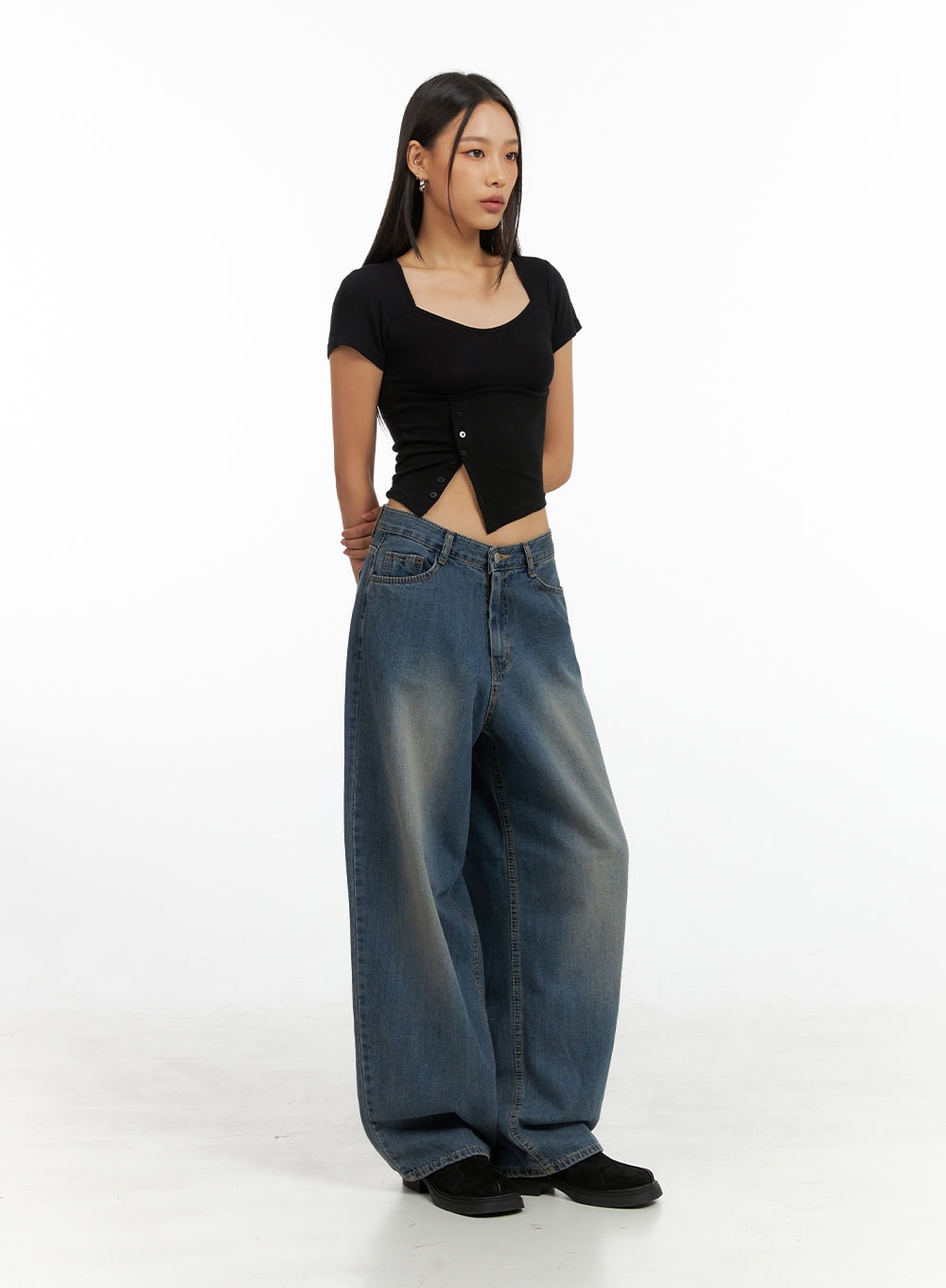 Asymmetrical Buttoned Square Neck Crop Top IG405
