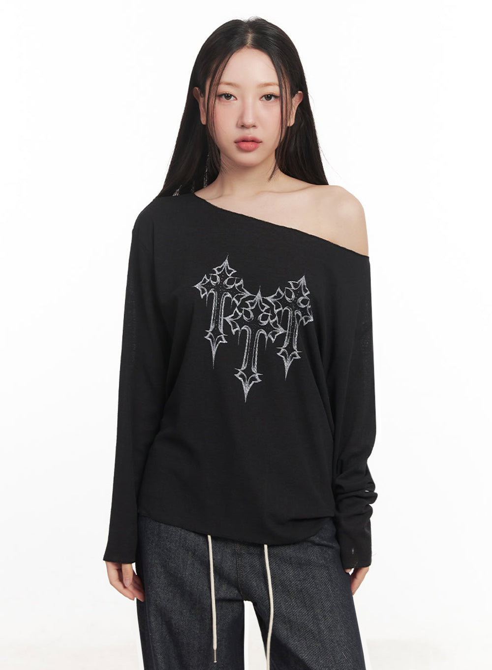 One-Shoulder Sheer Long-Sleeve Graphic Top IM528