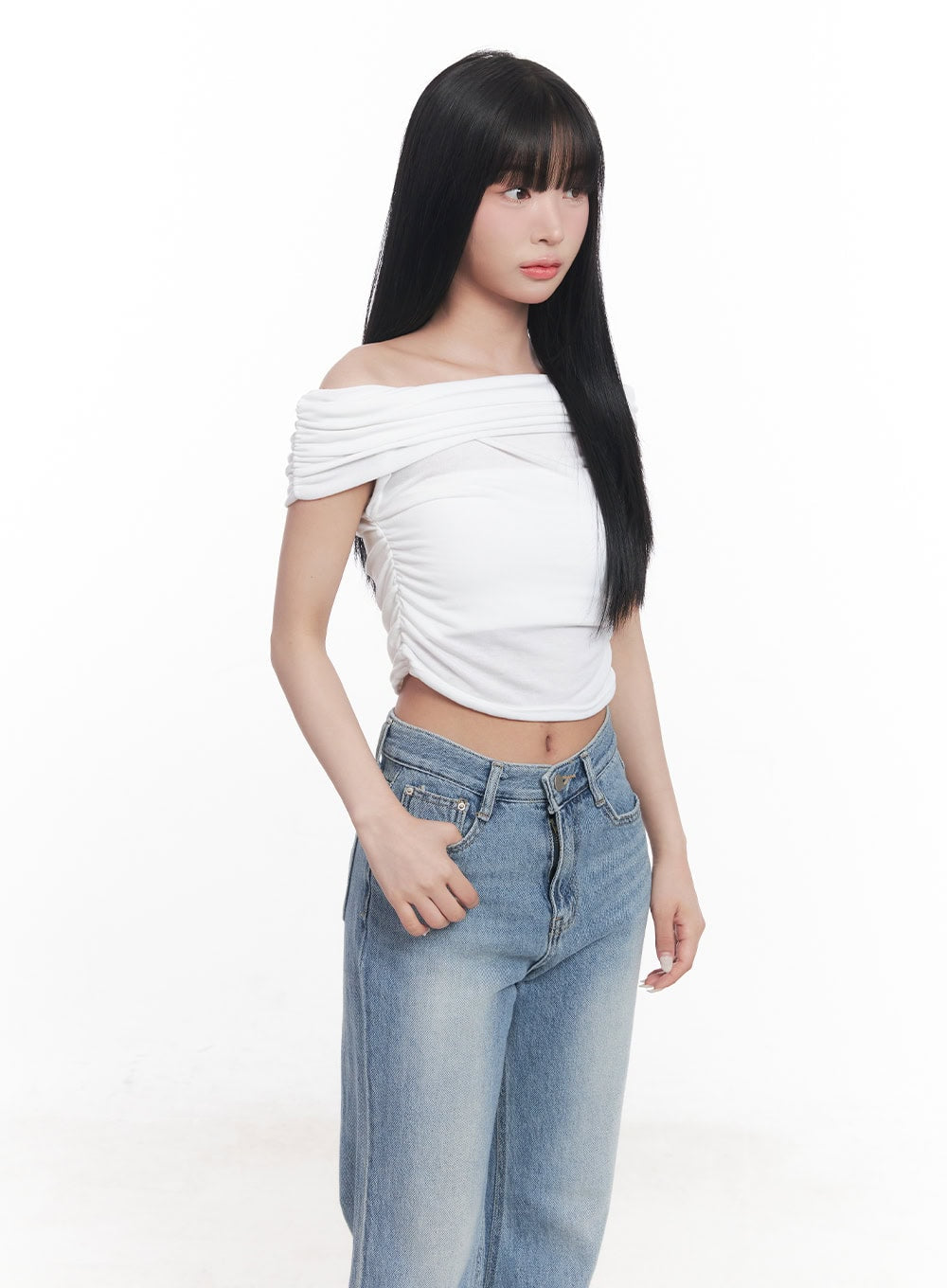 Shirred Off-Shoulder Crop Top CY527
