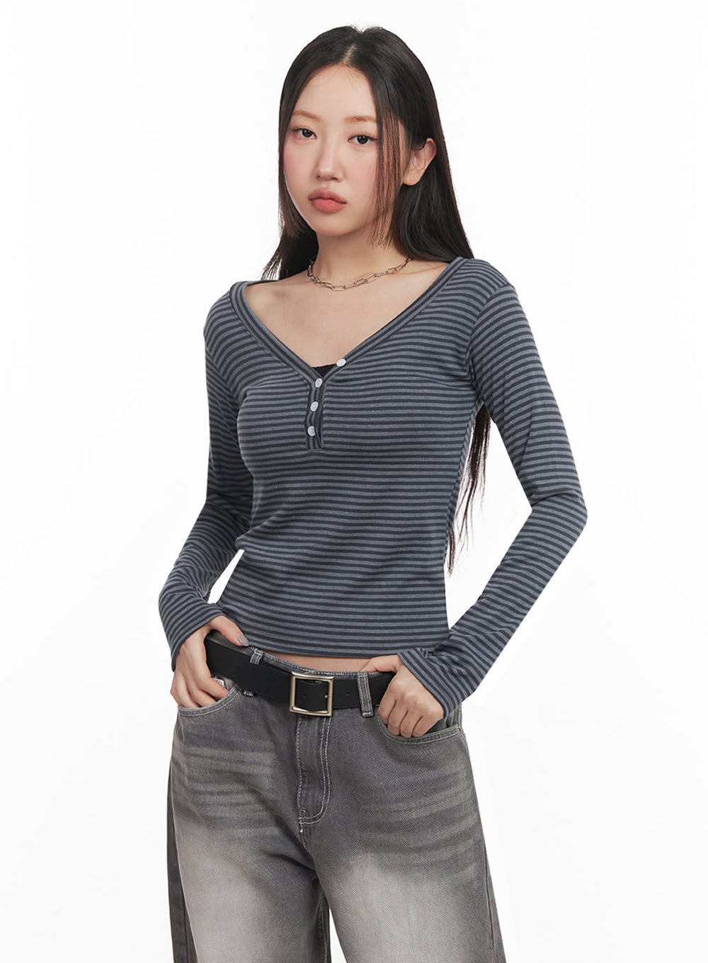 Stripe Buttoned Long-Sleeve Top IM524