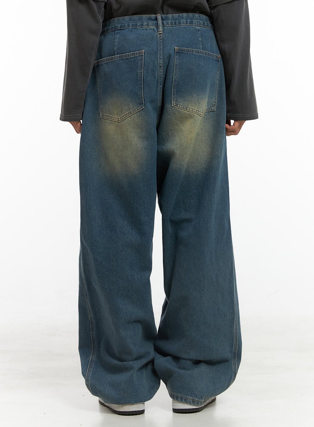 Men's Washed Cotton Wide Leg Jeans (Dark blue) IS420