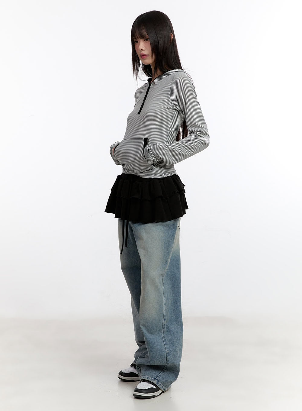 Button Stripe Hoodie Top CA508