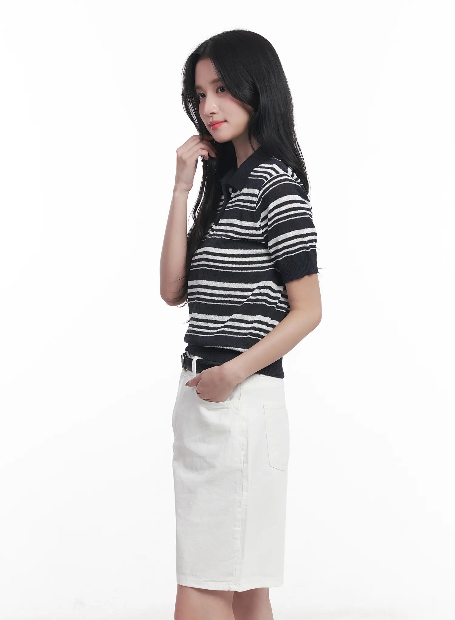 Striped Collared Short-Sleeve Sweater CU525