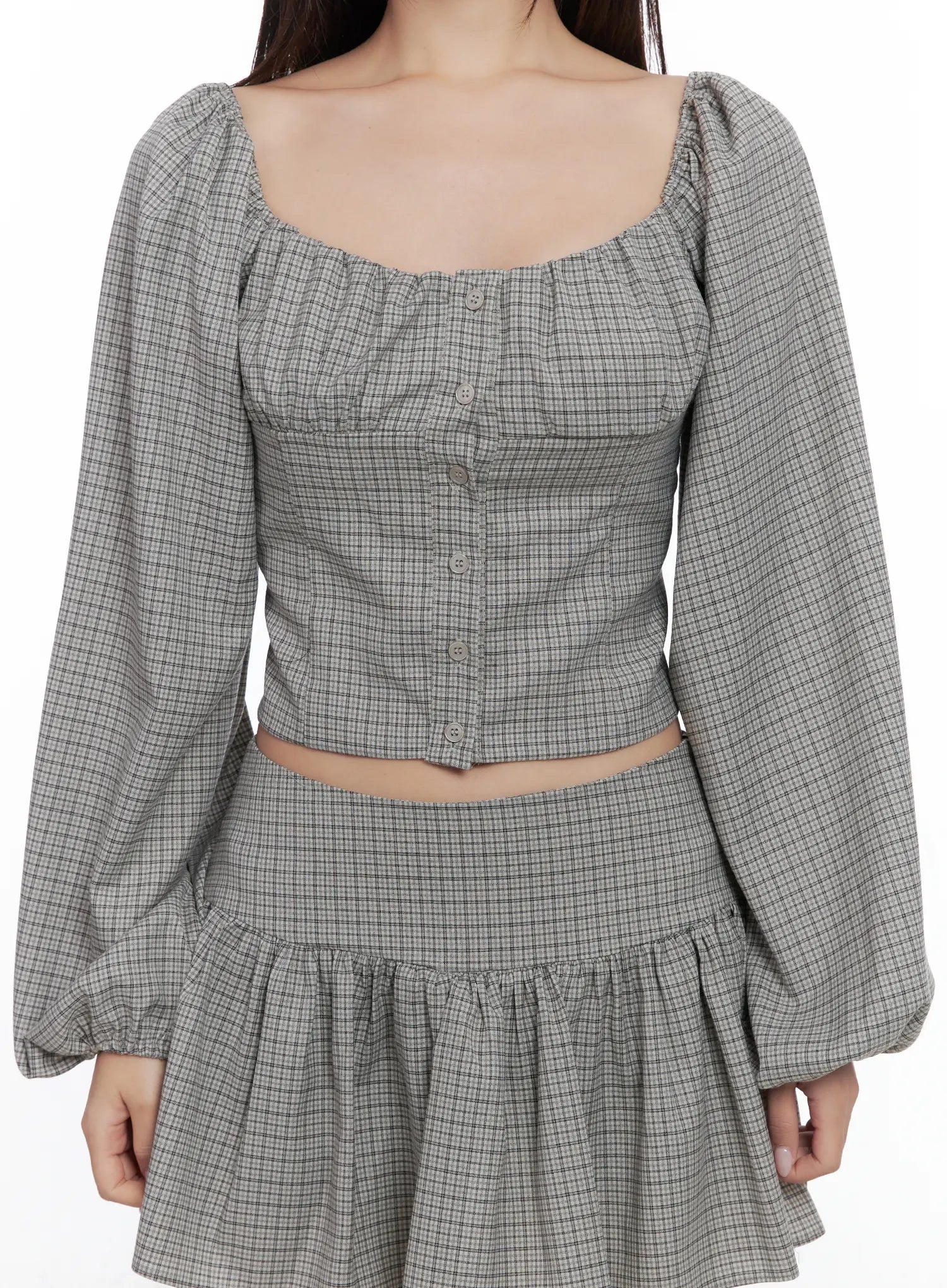Gingham Button-Up Puff Sleeve Blouse CS503