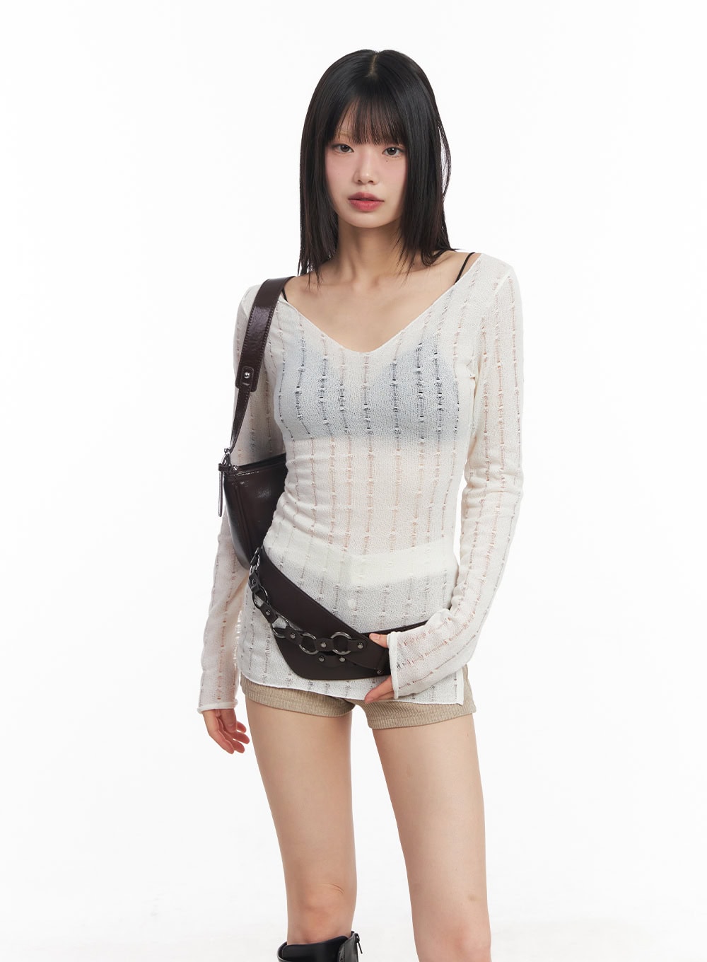 V-Neck Slit Sheer Top CY514