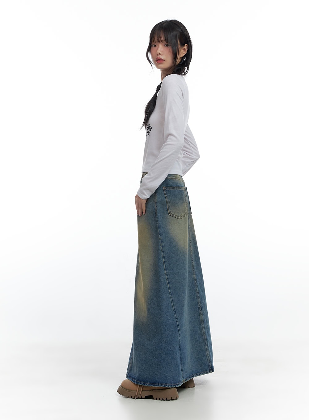 Tailored Stitch Detail Denim Maxi Skirt CS420
