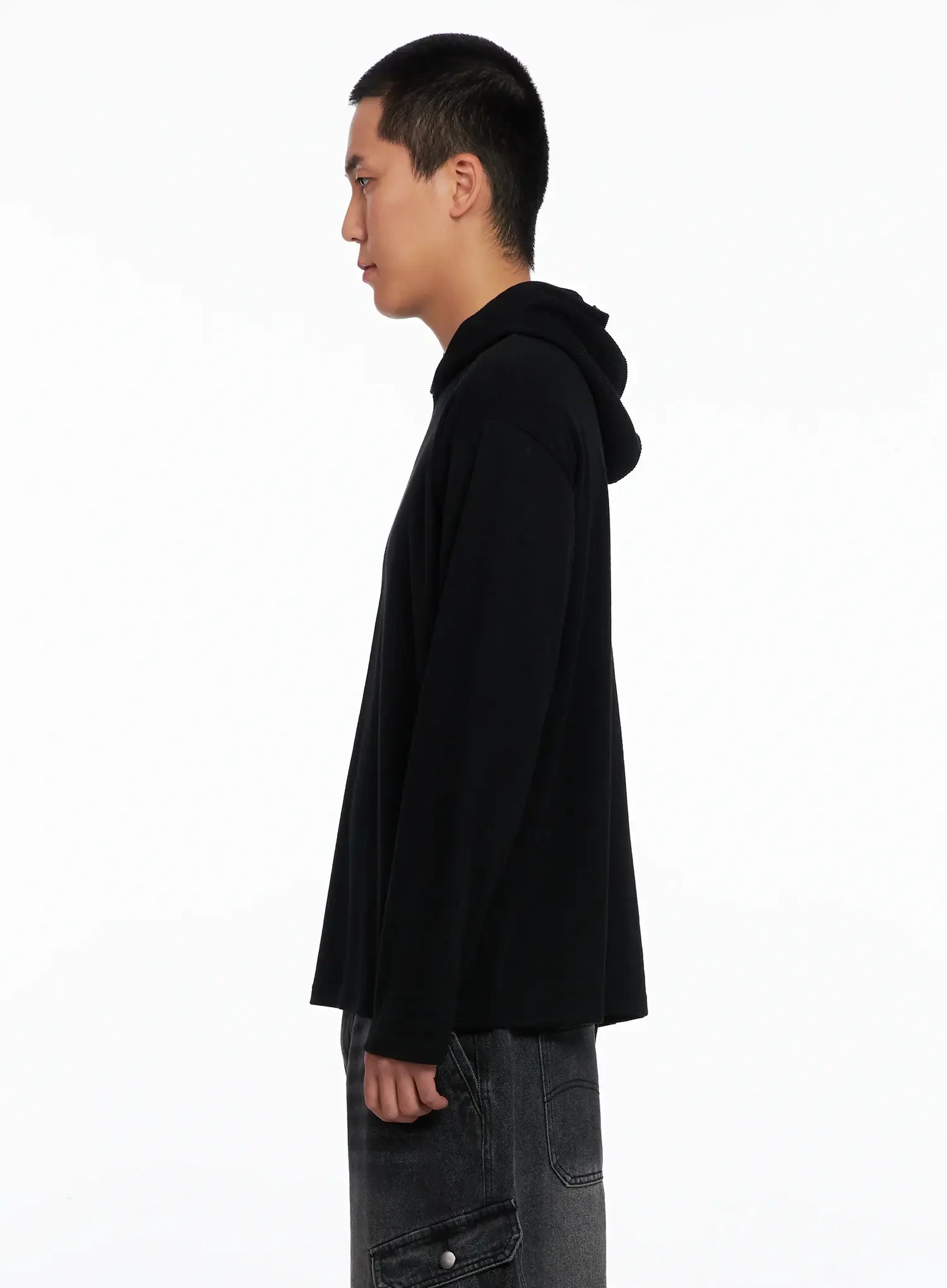 Men's Ribbed Layered Hooded Long Sleeve Tee IS509
