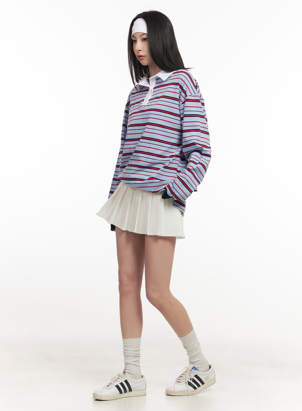 Oversized Striped Long Sleeve Polo Shirt CF514
