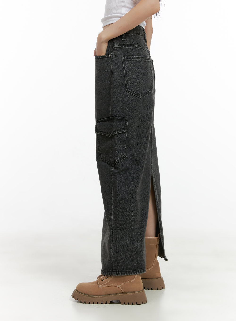 Denim Cargo Pocket Washed Maxi Skirt CG426