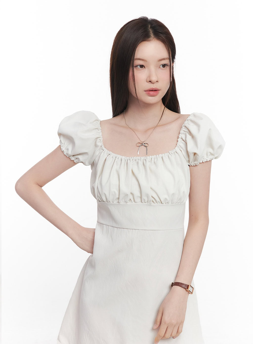 Puff-Sleeve Shirring Mini Dress CY515