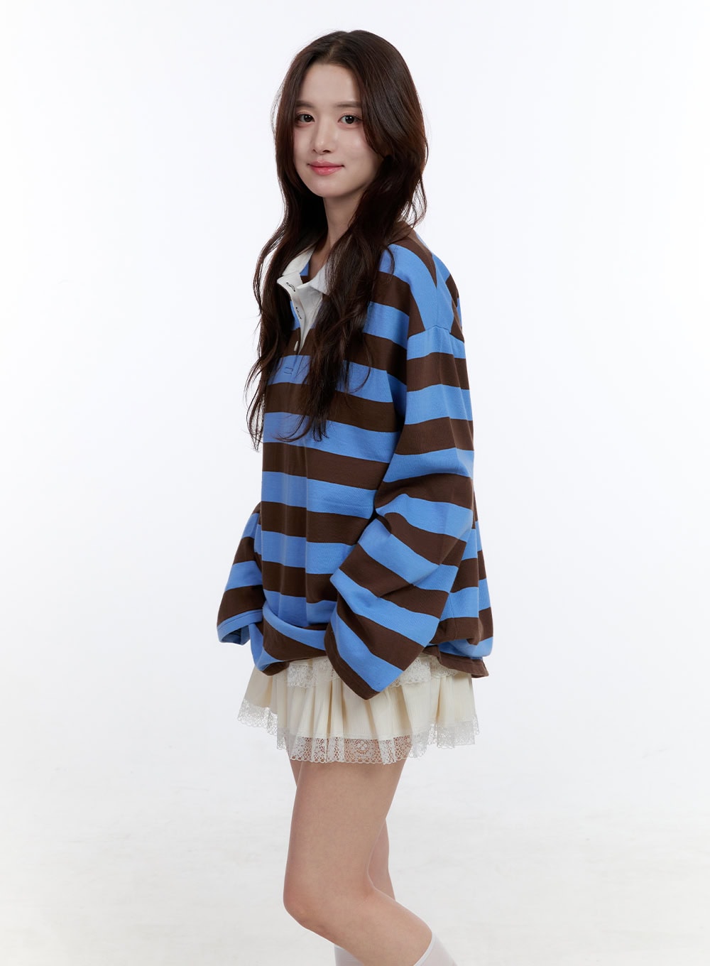 Cotton Oversize Buttoned Long Sleeve Stripe Tee OO407
