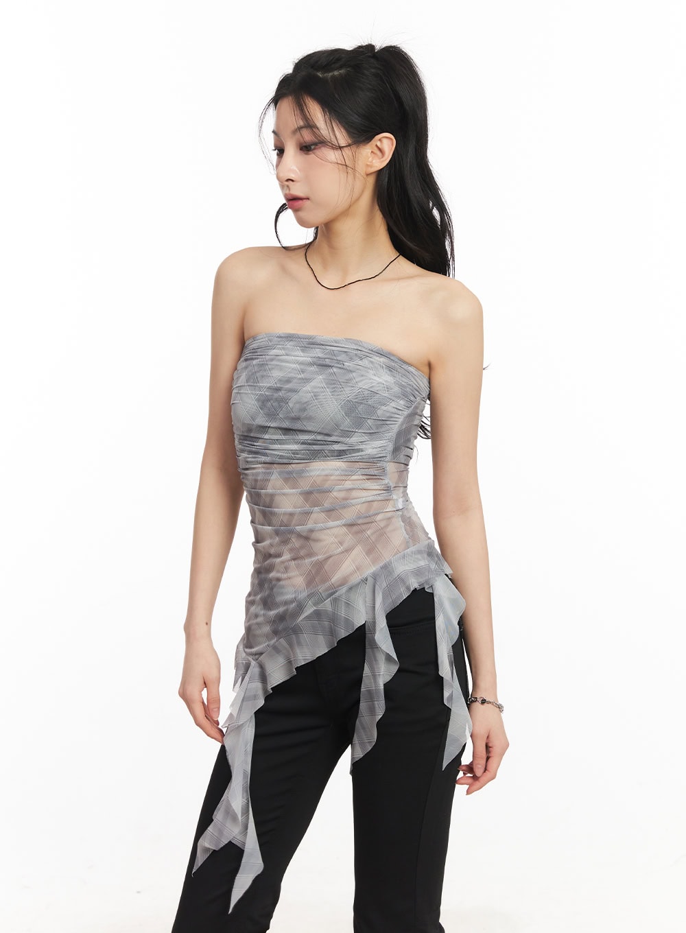 Sheer Plaid Ruffle Tube Top CA514