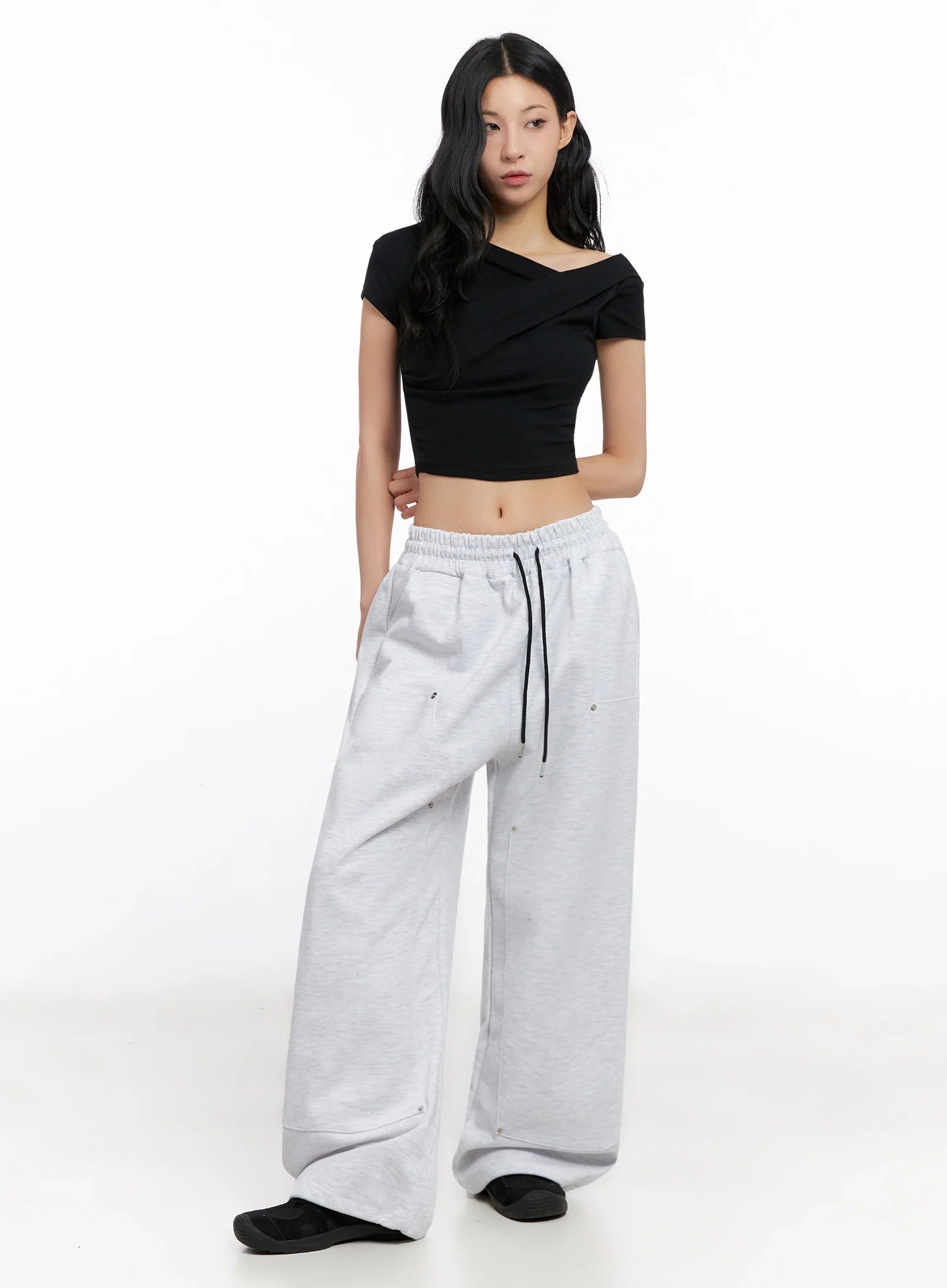 Asymmetric Shirred Off-Shoulder Crop Tee IG508