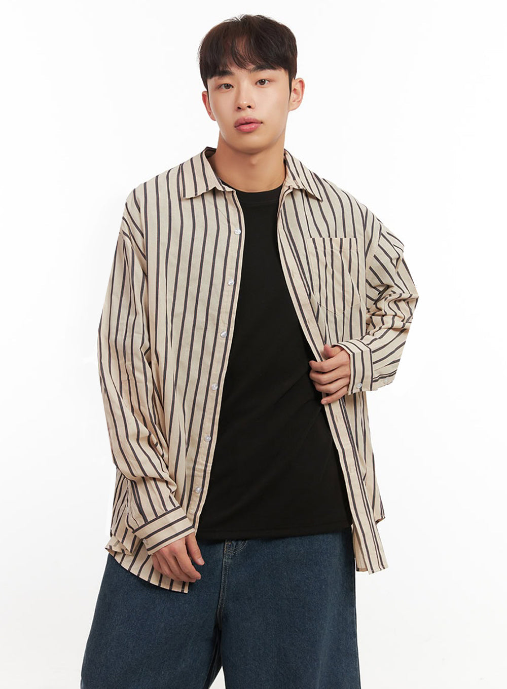 Men's Oversized Stripe Collared Button-Up Shirt IF521