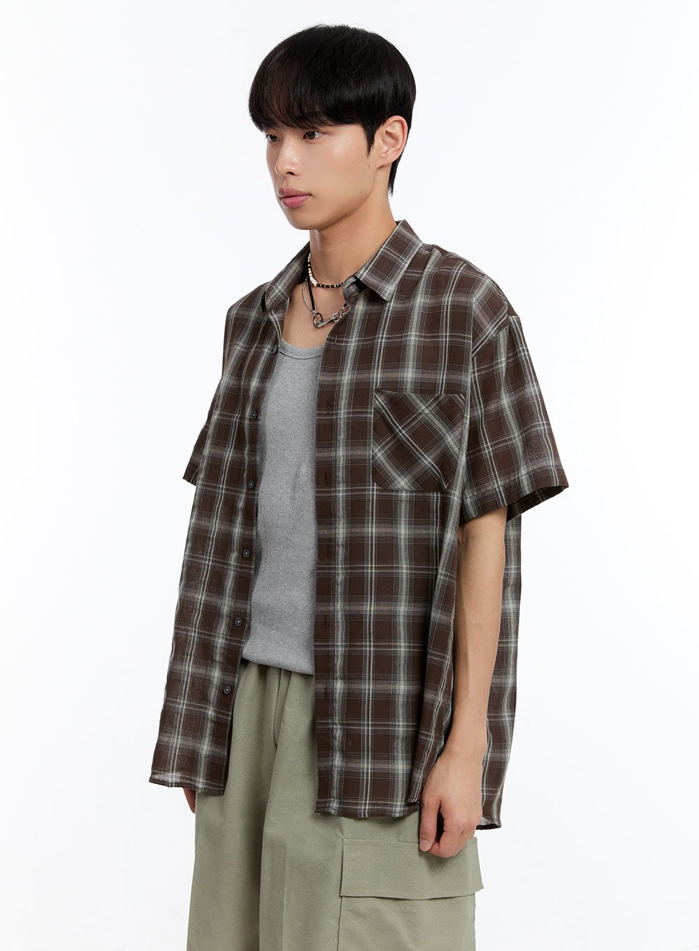 Men's Check Collared Short-Sleeve Shirt IY530