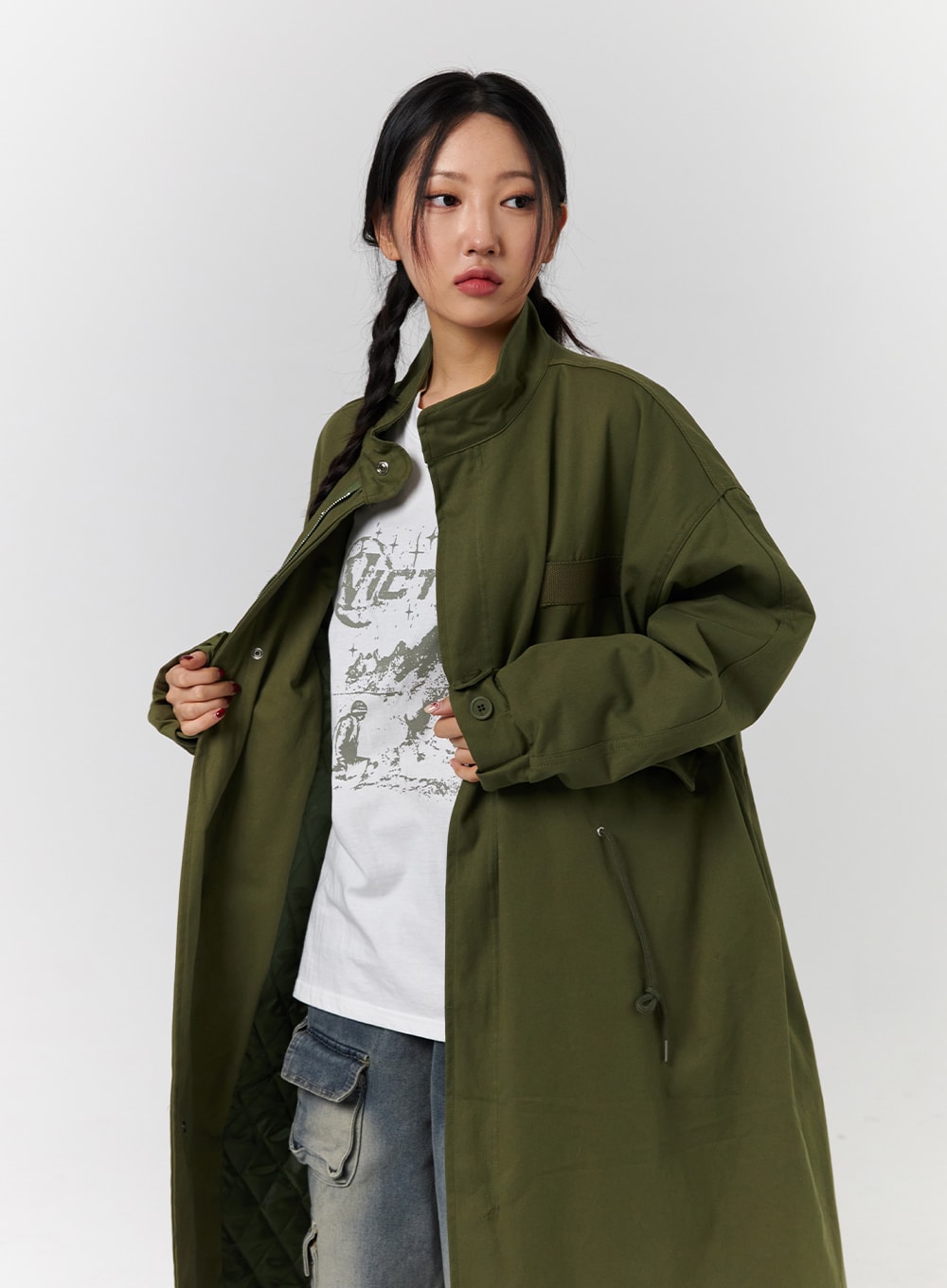 Collar Solid Zipper Drawstring Long Jacket CD328