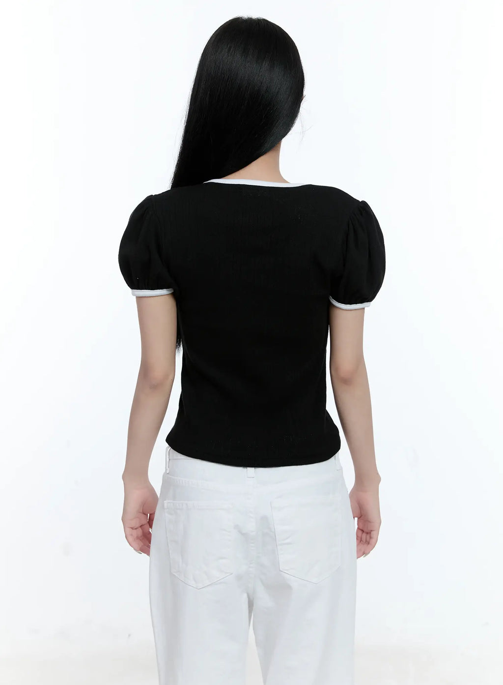 Puff-Sleeve Ribbon-Tie Top CL530