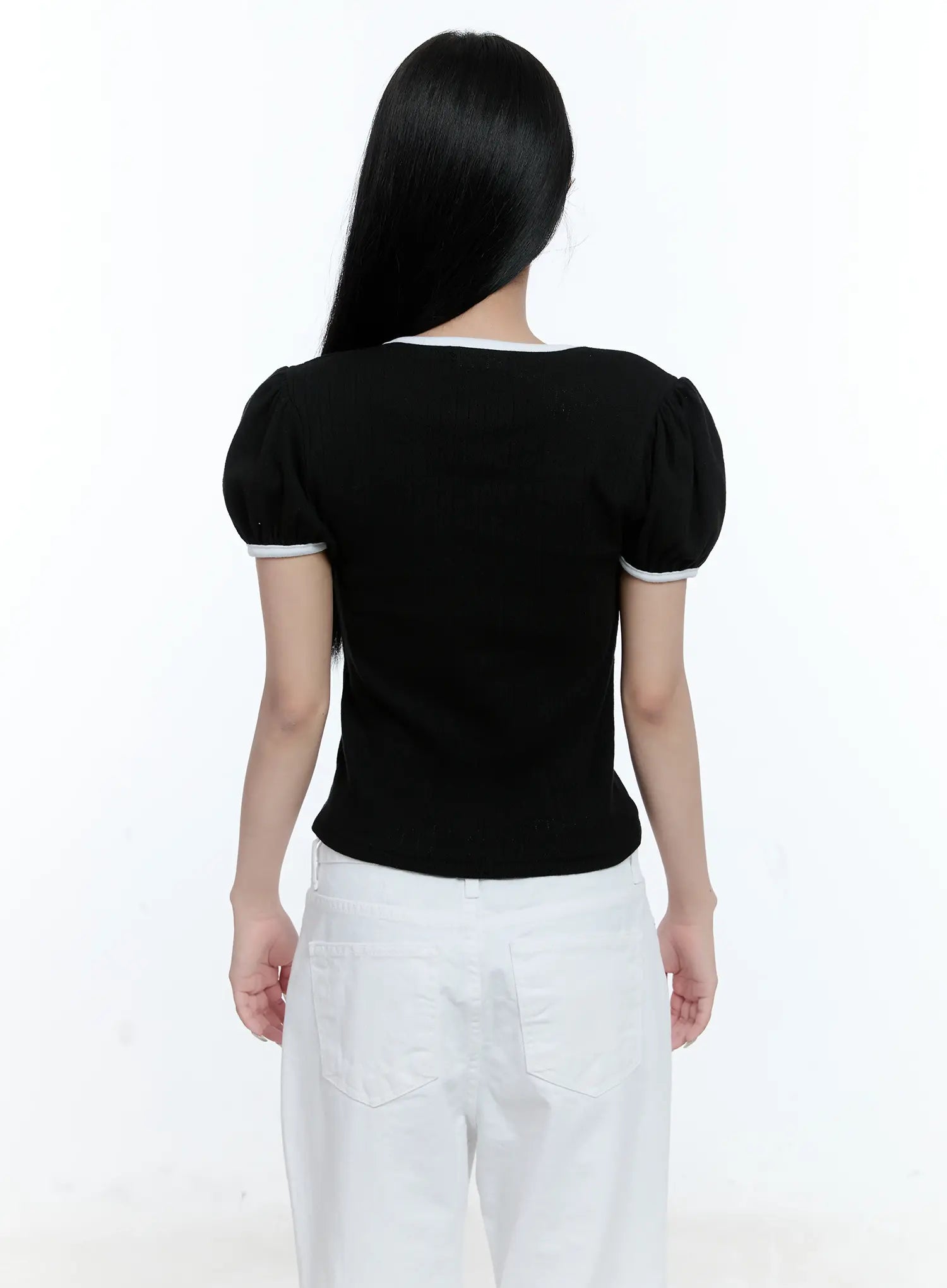 Puff-Sleeve Ribbon-Tie Top CL530