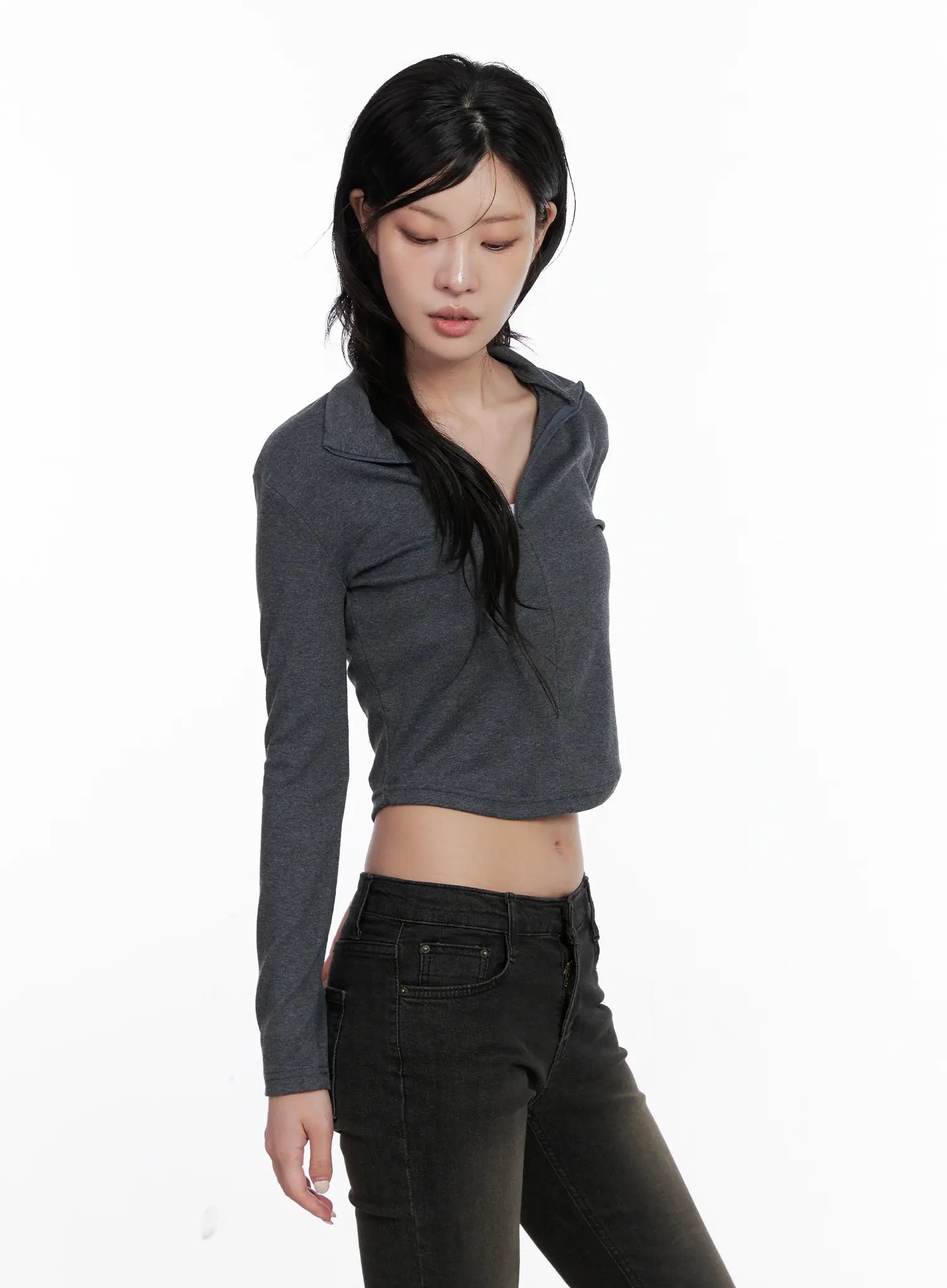 Slim Crop Half Neck Zip-Up Long Sleeve Tee CS512