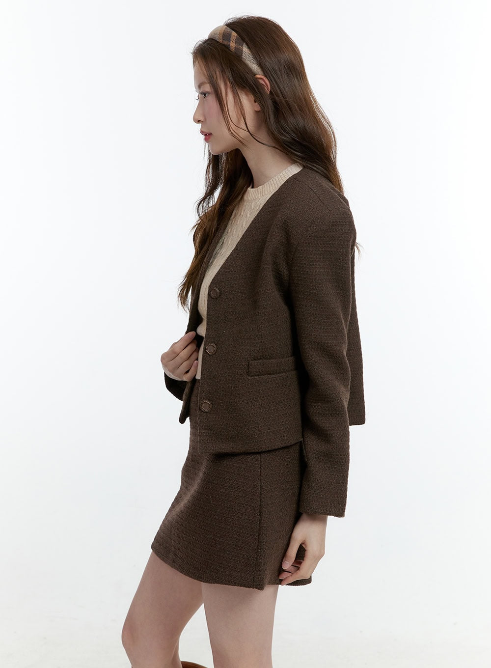 Classic Tweed Collarless Buttoned Jacket CF504