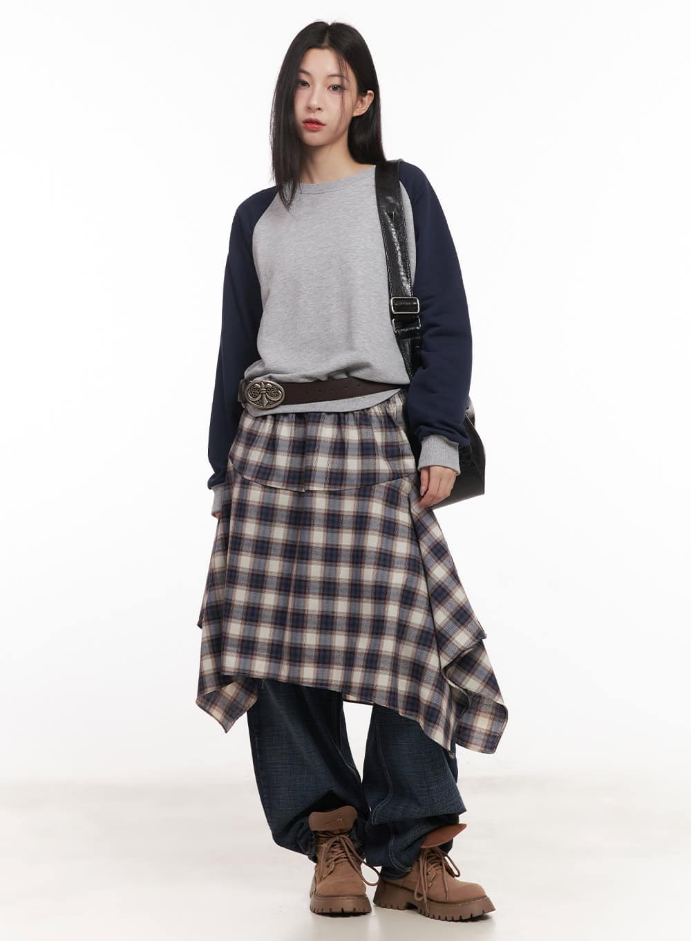 Checkered Ruffle Flare Midi Skirt CM518